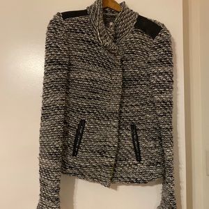 IRO 🤍 wool leather accent women’s jacket sweater zip up funnel neck black white